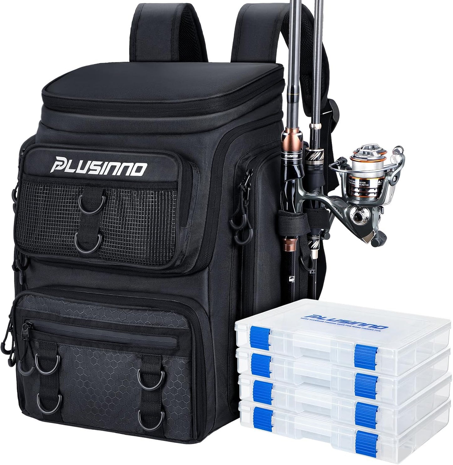 PLUSINNO Fishing Backpack with Rod Holders for Tackle Storage