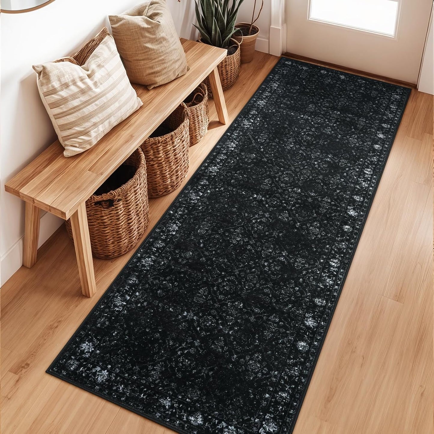 Vintage Black Kitchen Runner Rug for Hallways, 2x6 Non Slip