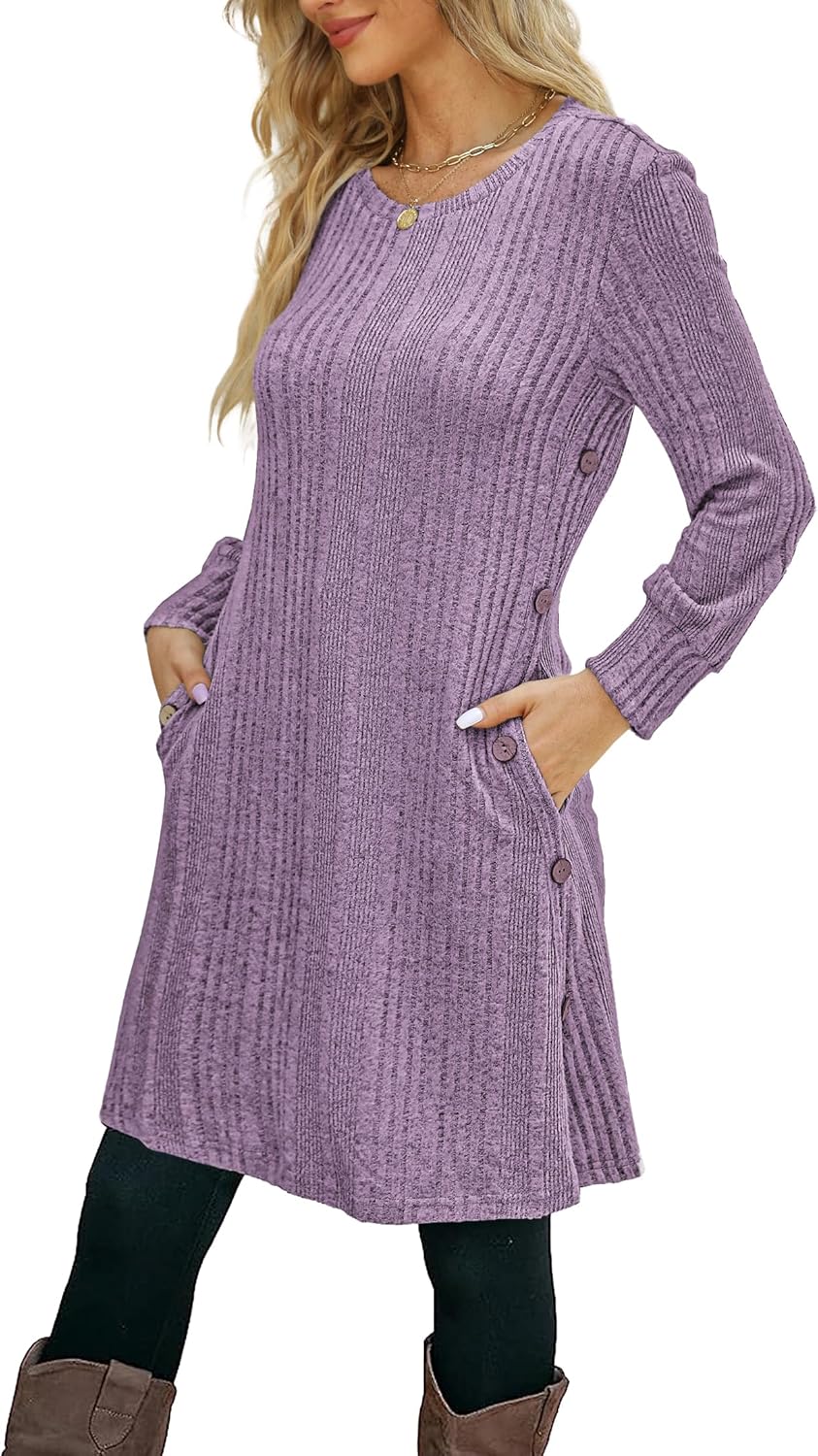 Kikibell Women's Long Sleeve Knit Dress with Pockets and Buttons