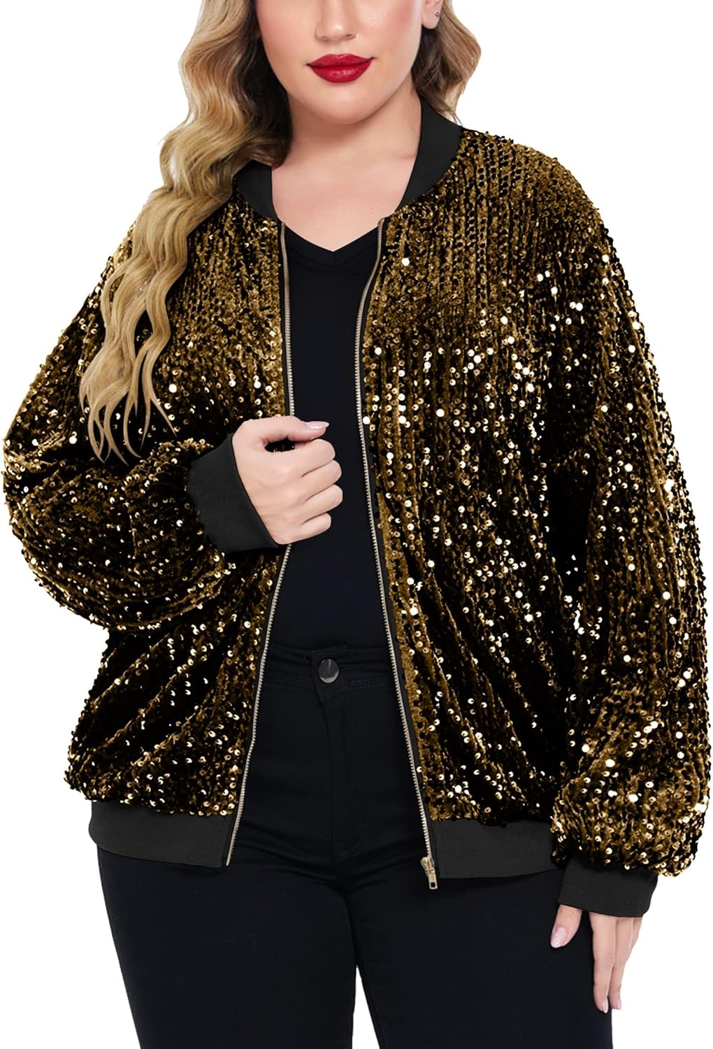 IN'VOLAND Womens Sequin Jacket Plus Size Sparkle Long Sleeve