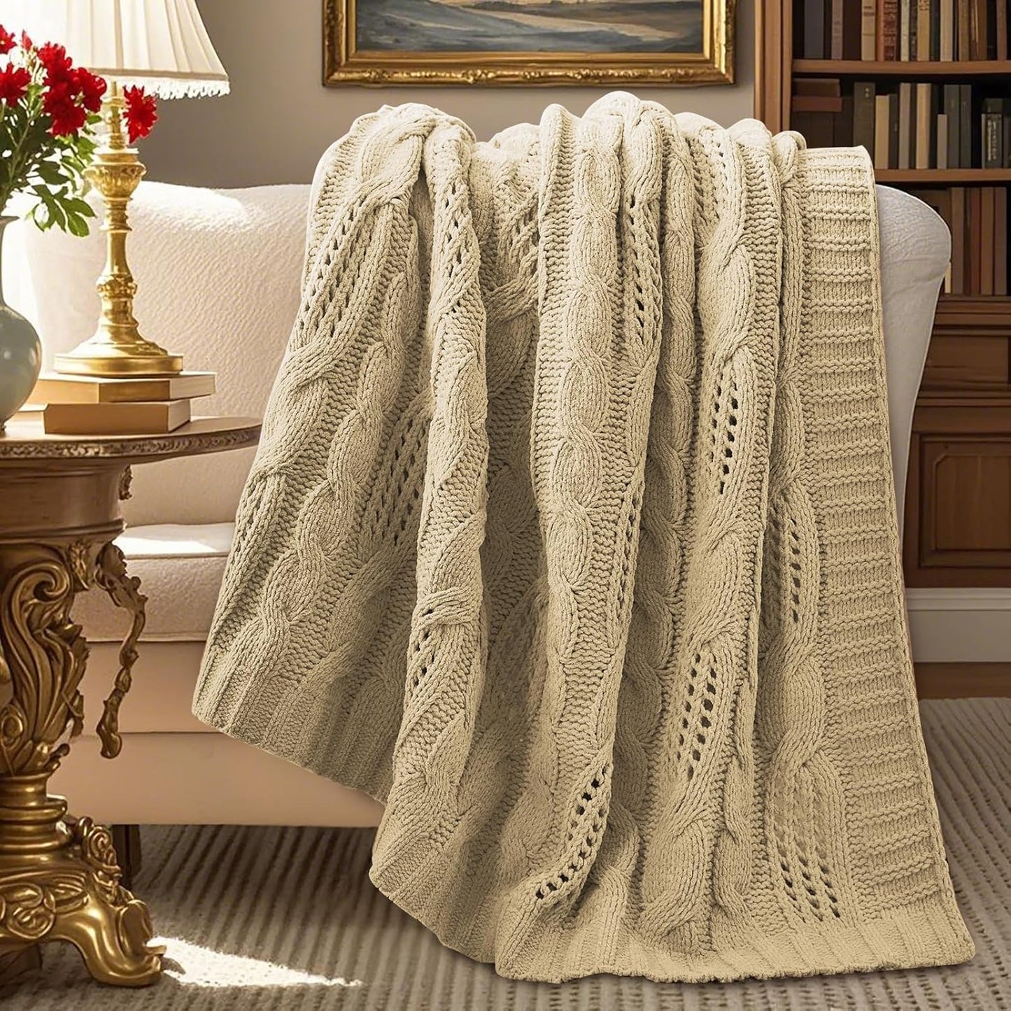 Chunky Knit Throw Blanket for Couch - Soft Chenille Design