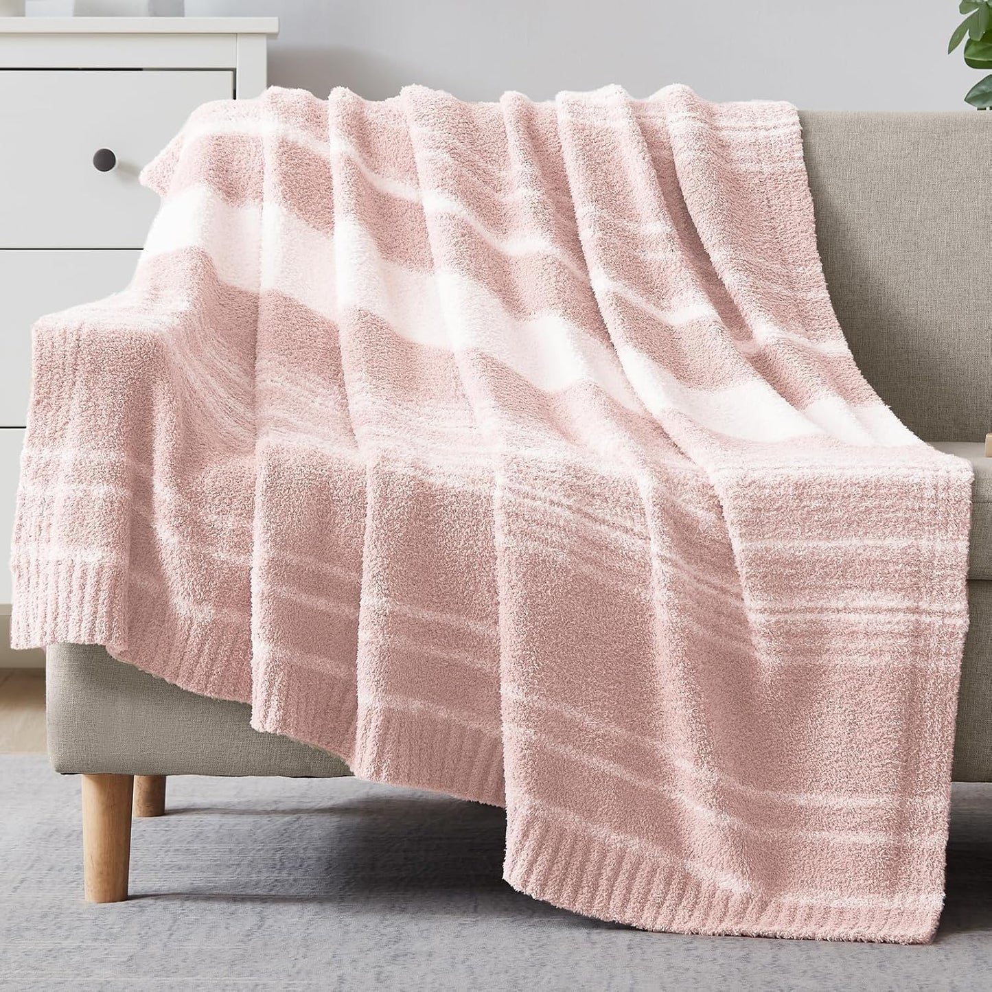 WRENGONGE Pink Throw Blanket - Cozy Striped Soft Blanket