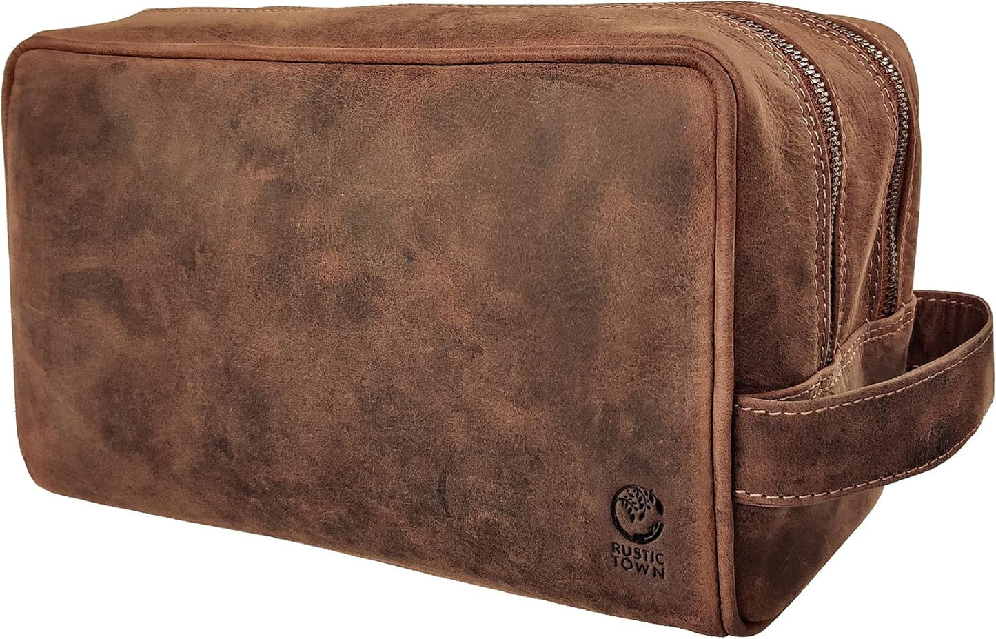 RUSTIC TOWN Full Grain Leather Travel Toiletry Bag for Organizing