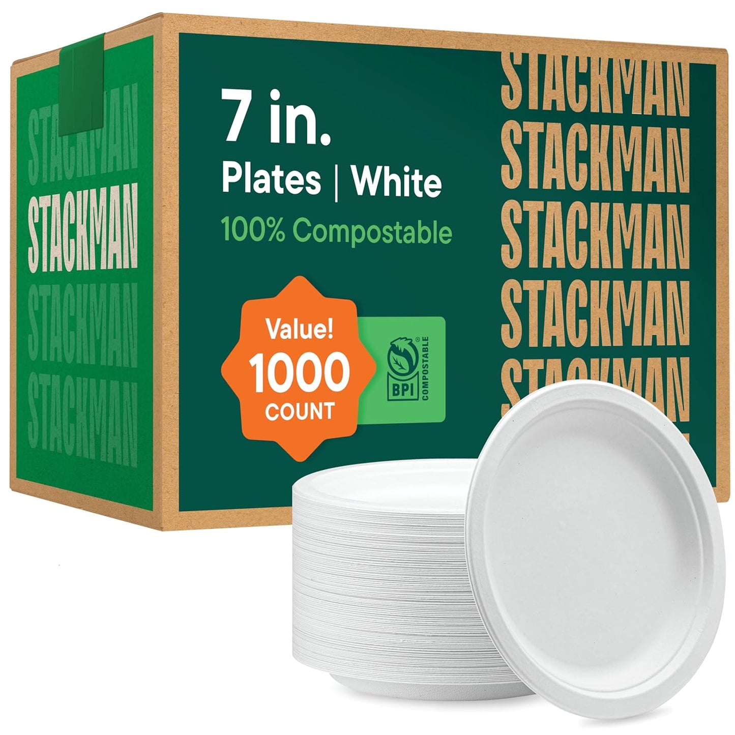 Stack Man 100% Compostable Paper Plates 7 Inch - Eco-Friendly
