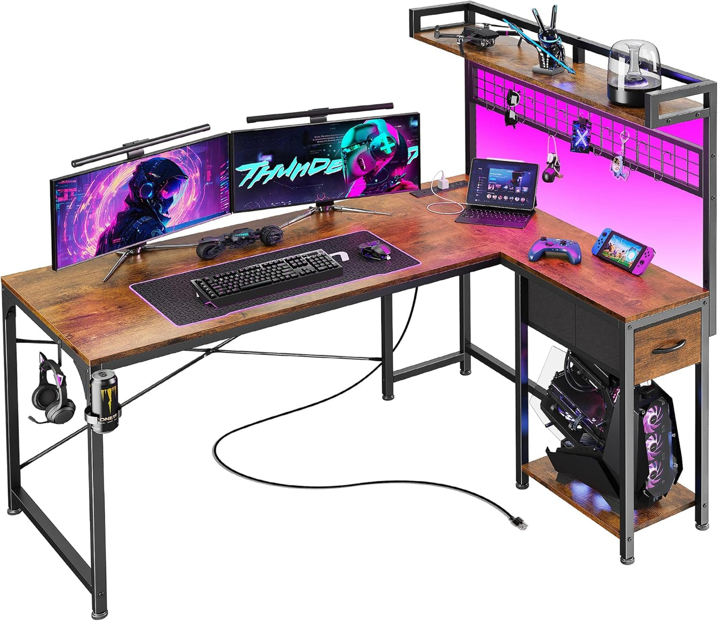 PRAISUN L Shaped Gaming Desk with LED Lights and Power Outlets