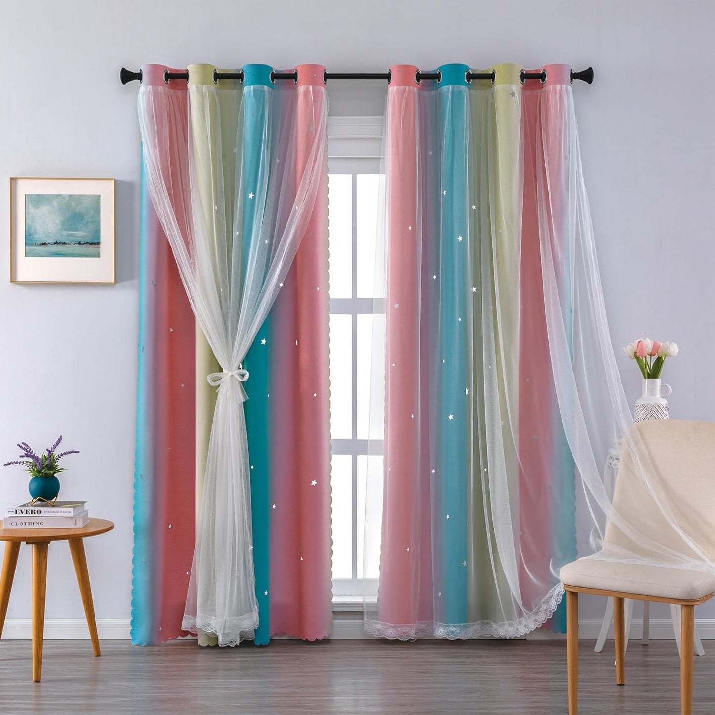 XiDi Blackout Curtains for Girls Bedroom with Rainbow Star Design