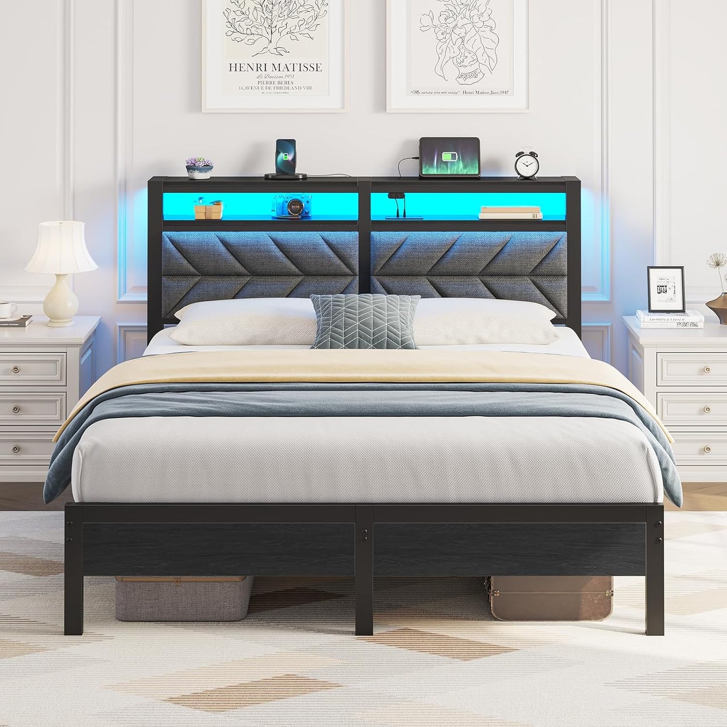 Seventable Queen Size Bed Frame with Charging Station and LED