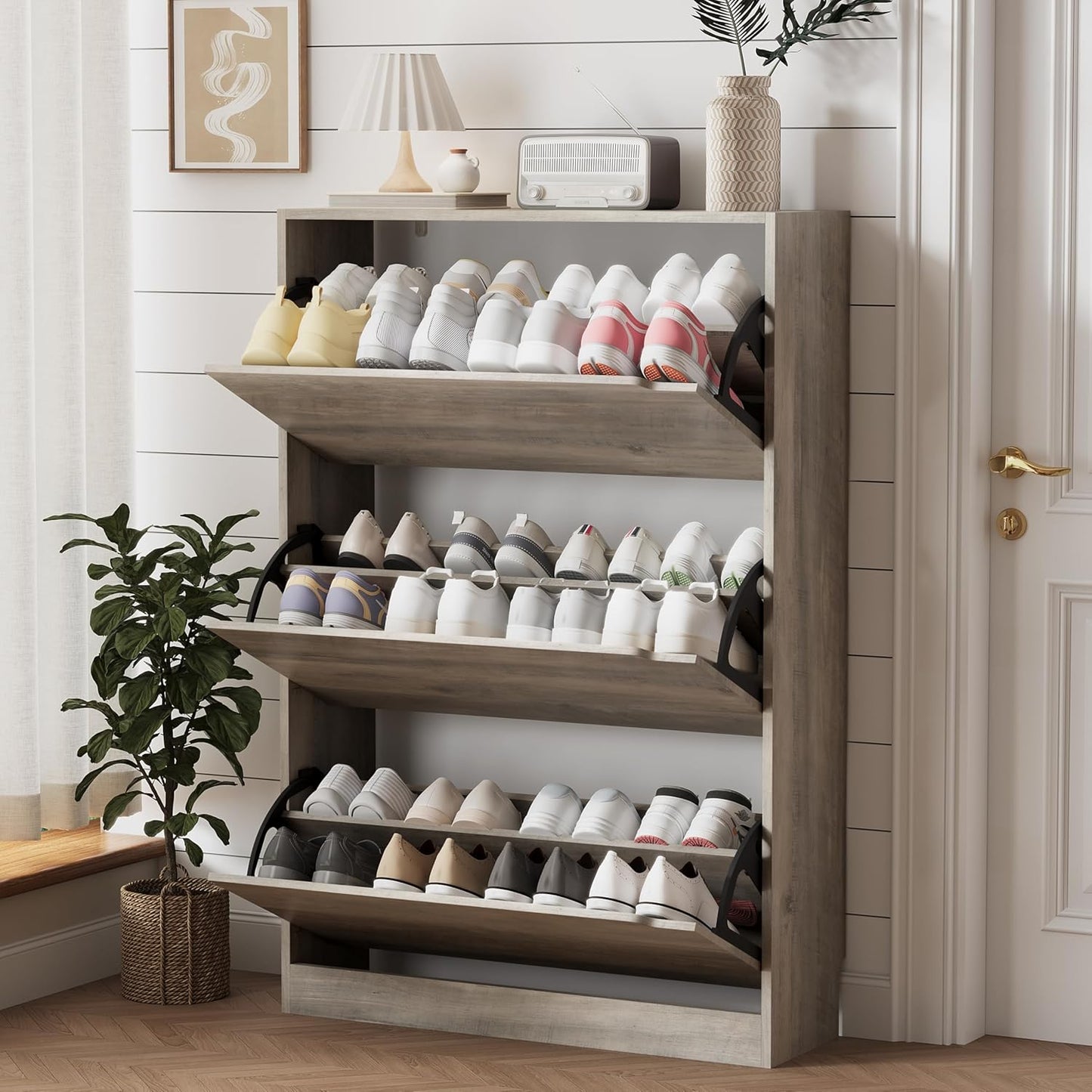 Sturdy Wood Hidden Shoe Storage Cabinet with 3 Flip Drawers