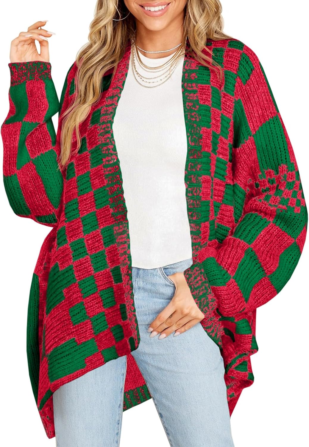 Saodimallsu Womens Checkered Sweater Color Block Cardigans