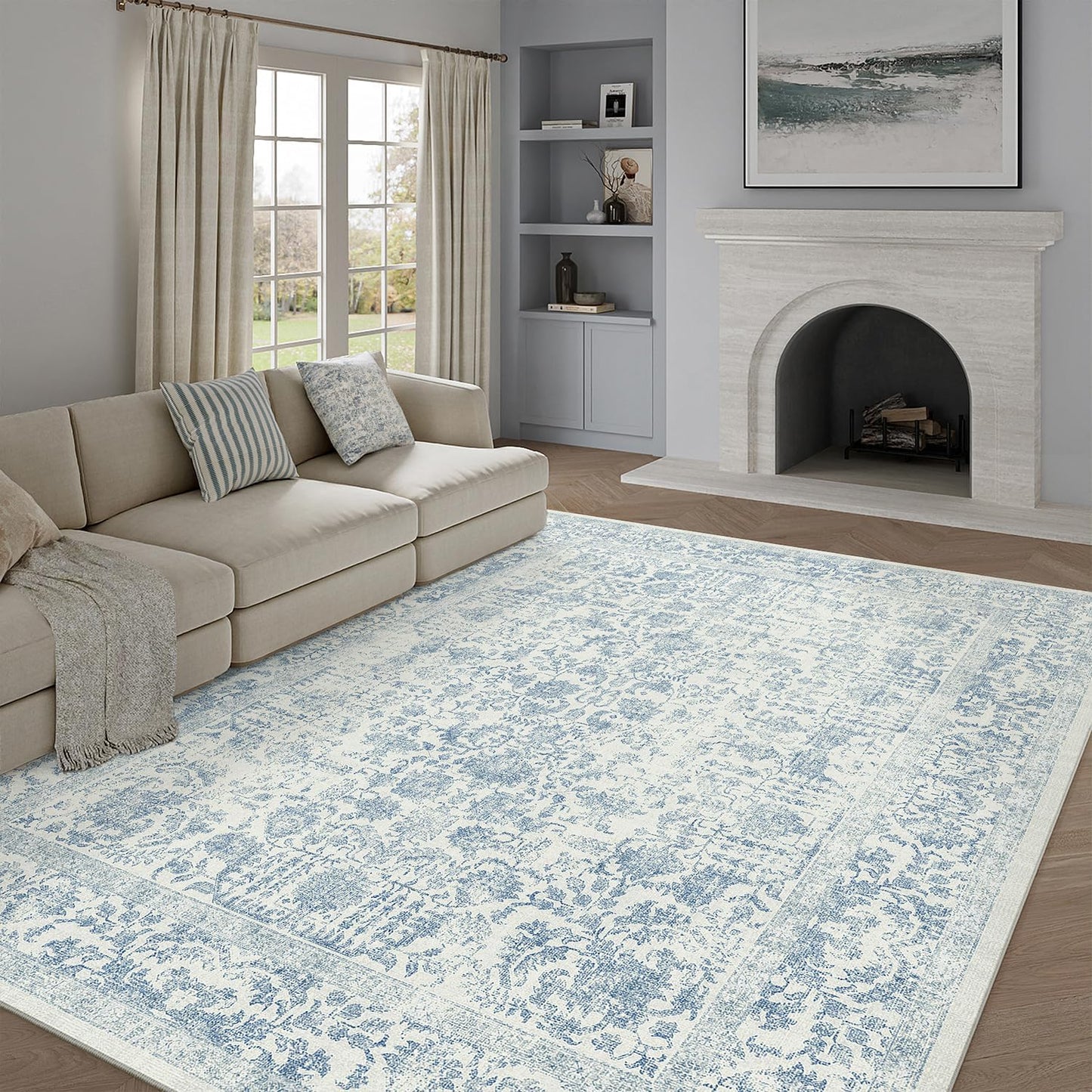Blue Area Rug 6x9 Vintage Machine Washable Non Slip Carpet