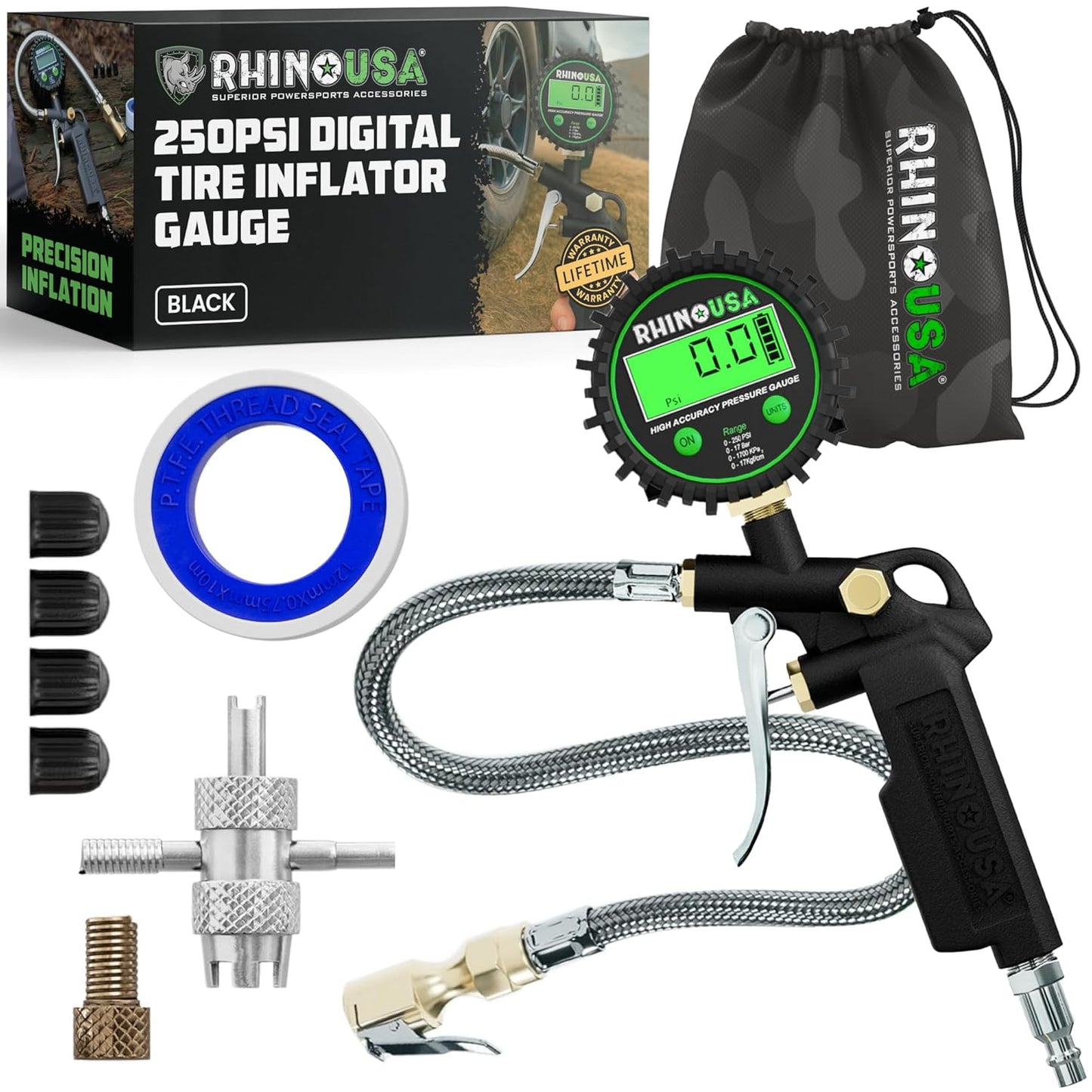 Rhino USA Digital Tire Pressure Gauge with Inflator for Cars