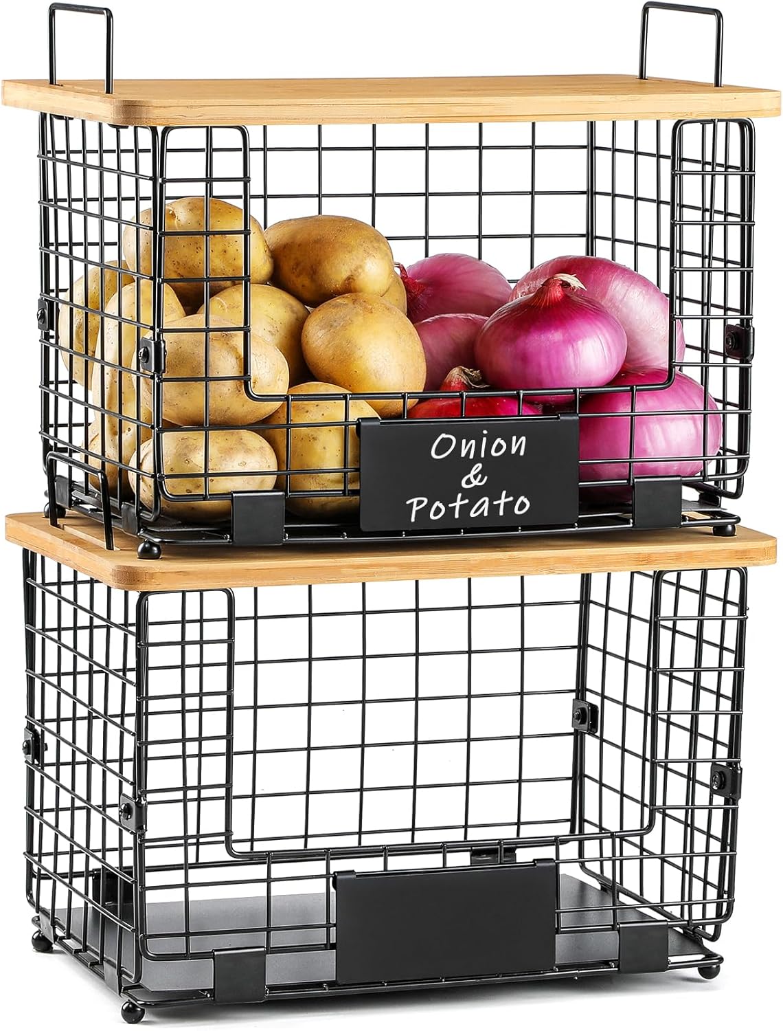 XL Stackable Wire Basket with Bamboo Tops for Kitchen Storage