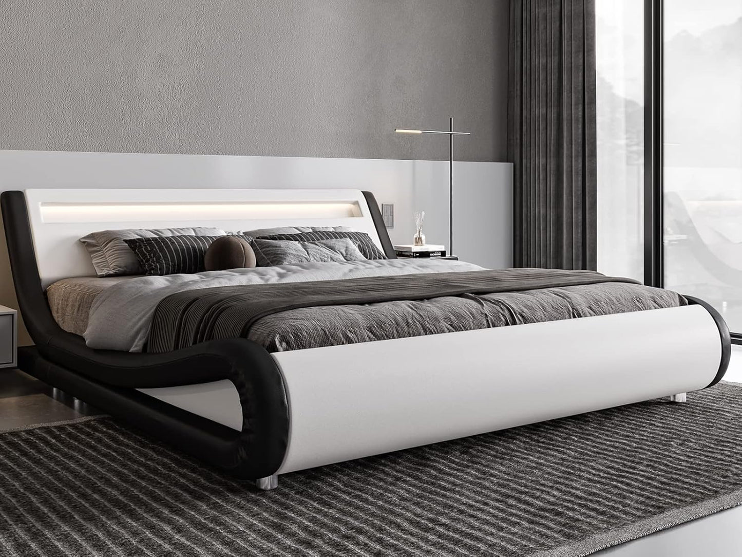 Allewie Full Size LED Platform Bed Frame with Adjustable Headboard