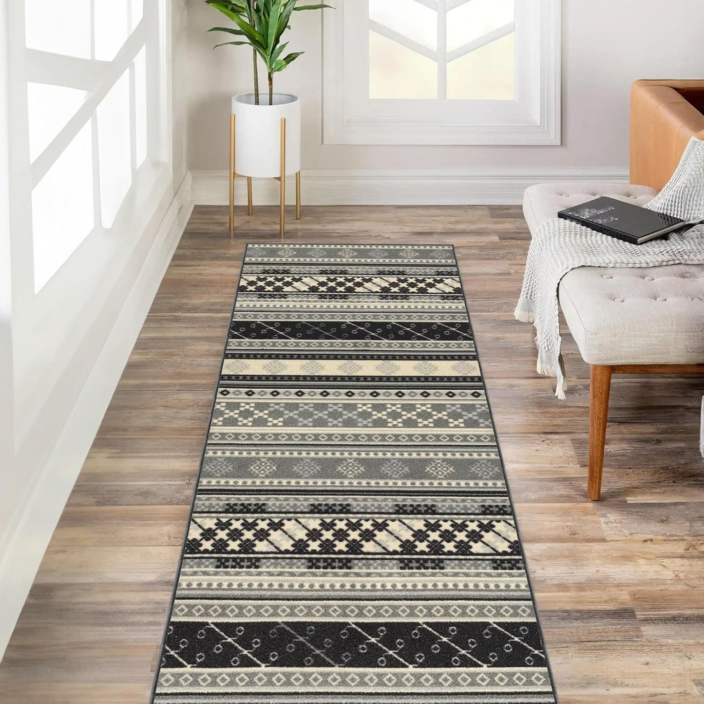 Custom Size Grey Bohemian Kilim Non-Slip Hallway Runner Rug