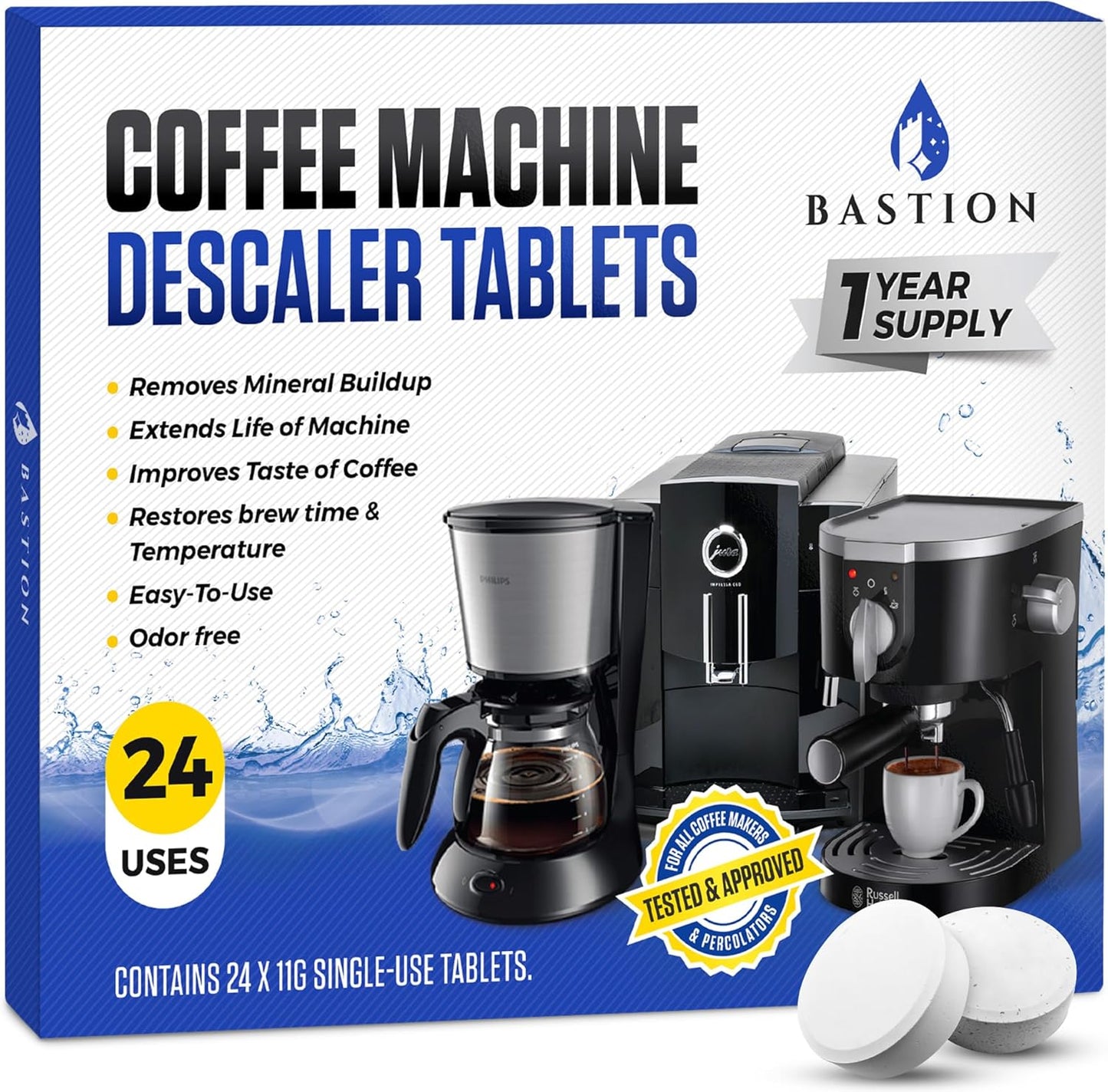 24-Pack Descale Tabs | Multi-Brand Use | Clean & Descale Coffee Makers