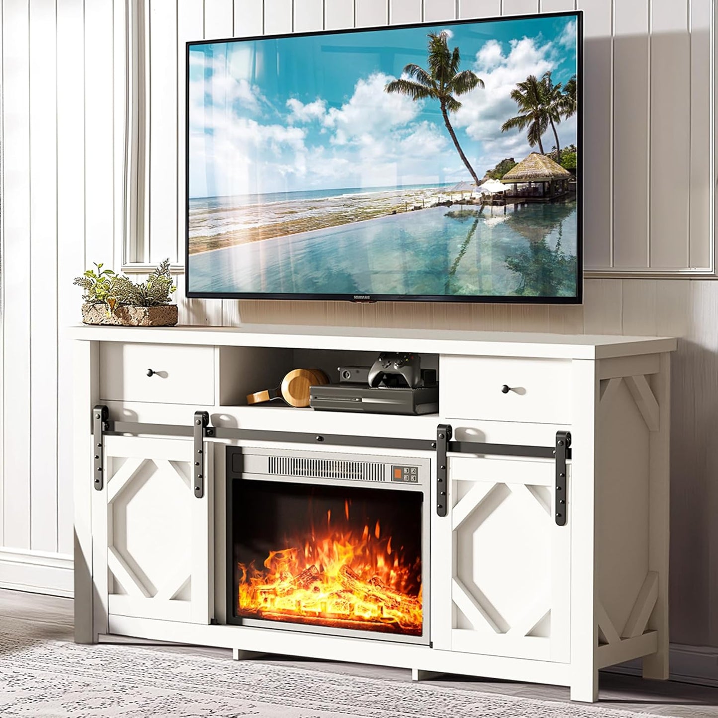 Modern White TV Stand w/ Electric Fireplace - Fits up to 65 TV