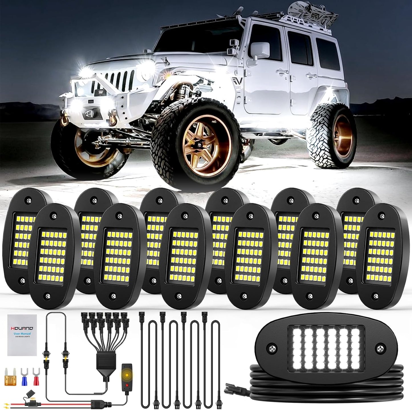 12 Pods White Rock Light Kit with Wired Switch for Off Road Use