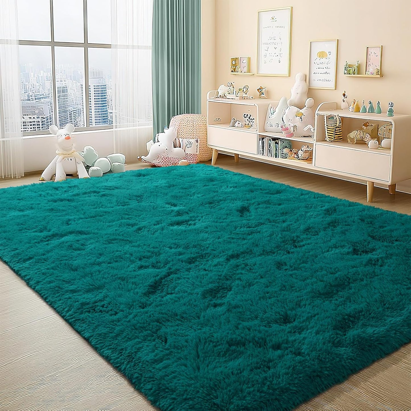 BENRON Fluffy Rugs for Living Room 5x8 Teal Green, Washable