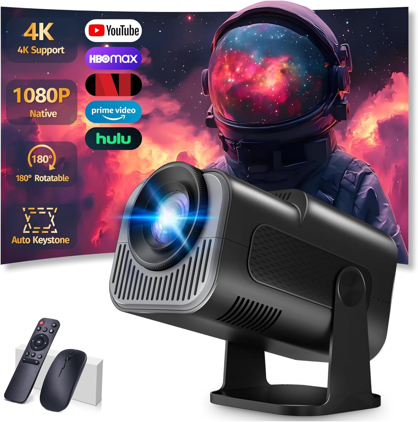 Full HD Mini Projector: 4K, WiFi, Bluetooth, 180 Rotation