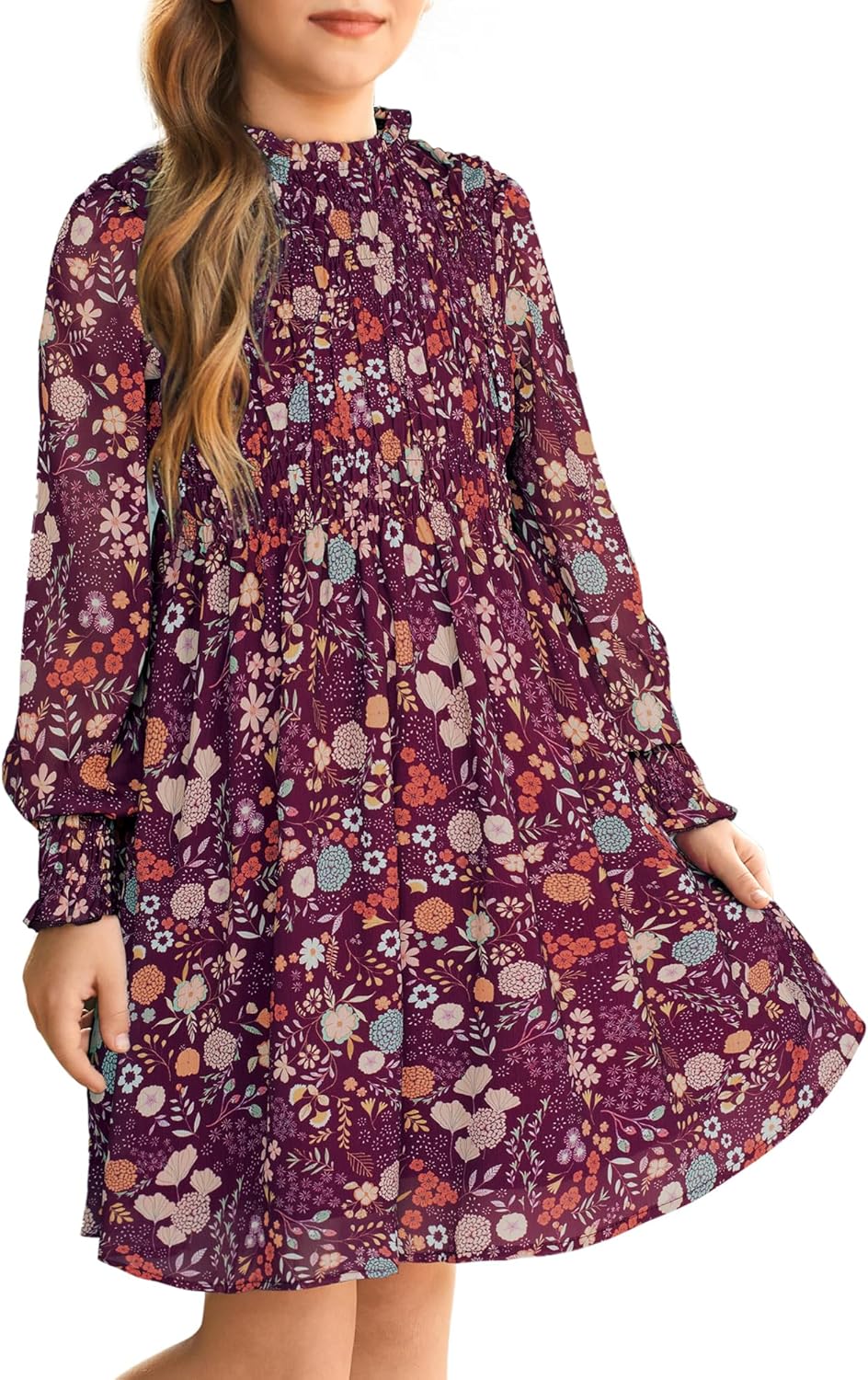 Girls' Fall Long Sleeve Floral Midi Dress for Special Occasions