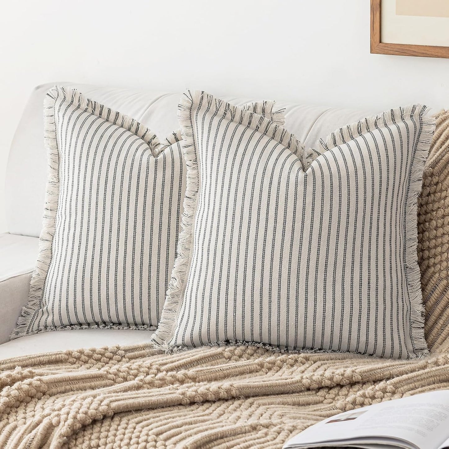 Throw Pillow Covers 24x24 Set of 2 with Striped Fringe Design