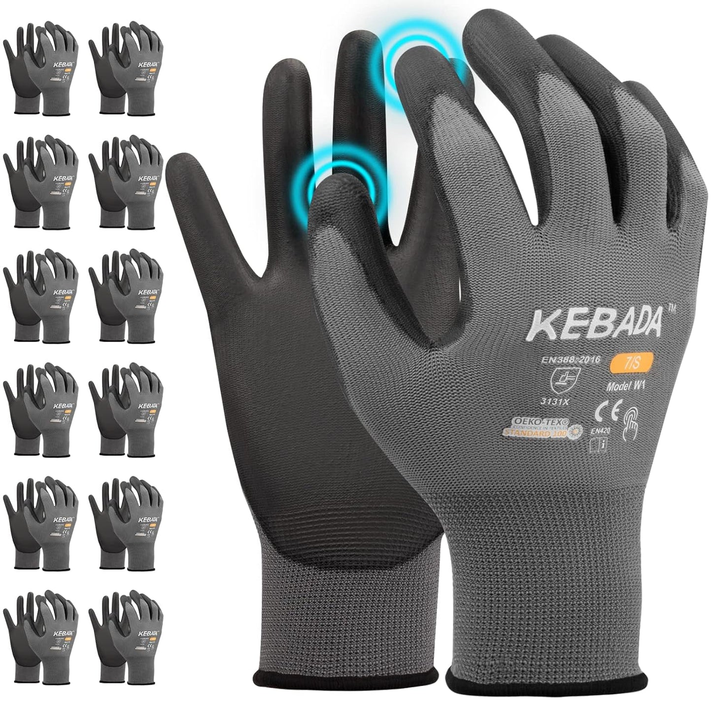 Touchscreen Grip Work Gloves 12-pk, PU Coating, Breathable, M, Kebada