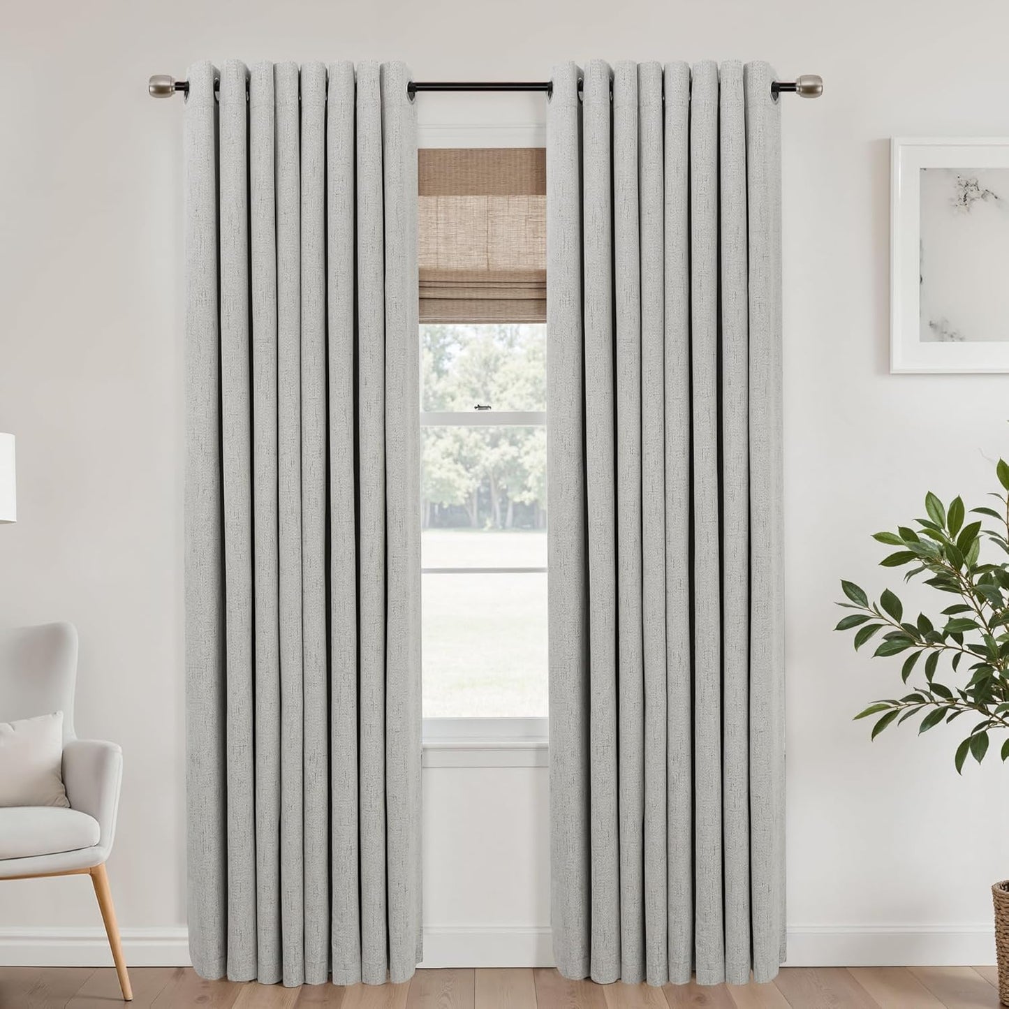 Mrs.Naturall Light Grey Grommet Linen Blackout Curtains 52x84