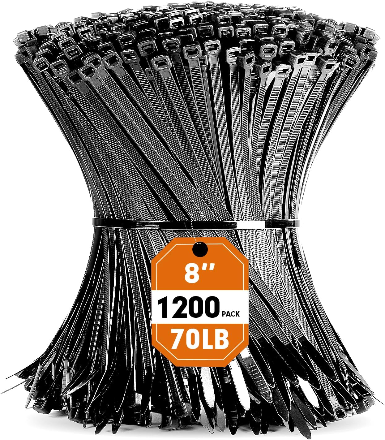 RAZCC 1200pcs Black Cable Zip Ties 8 Inch - Strong 70lb Tensile Strength