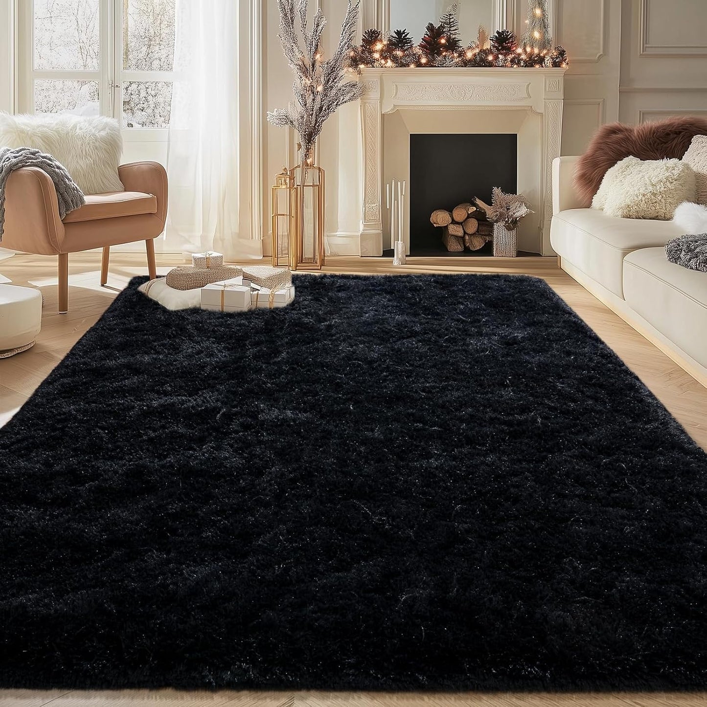 5x7 Fluffy Plush Black Area Rug for Cozy Home Decor