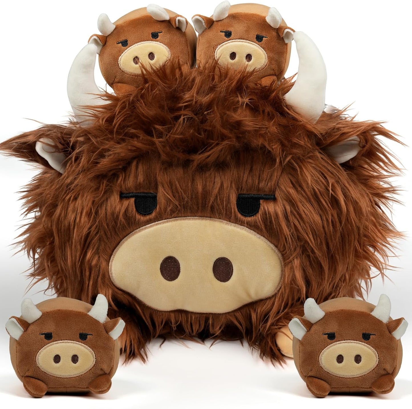 Highland Cow Stuffed Animal Set with 4 Baby Calves for Kids