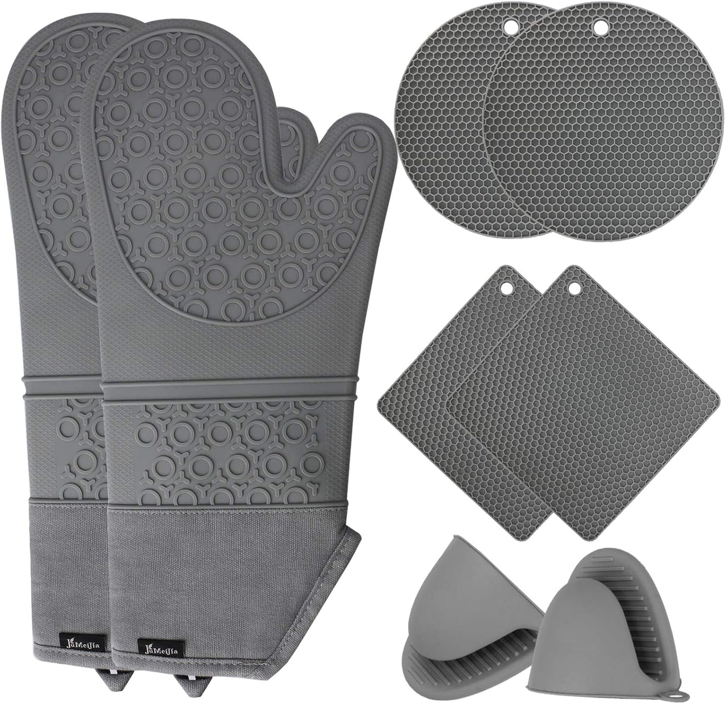 8Pc Extra Long Silicone Oven Mitt Set, Heat Resistant, Grey