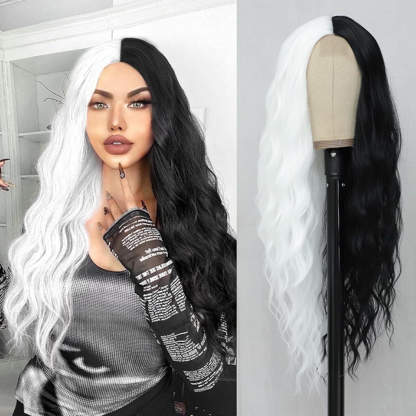 Cosplay Long BlackWhite Wig for Women - 28 Inch Synthetic Style