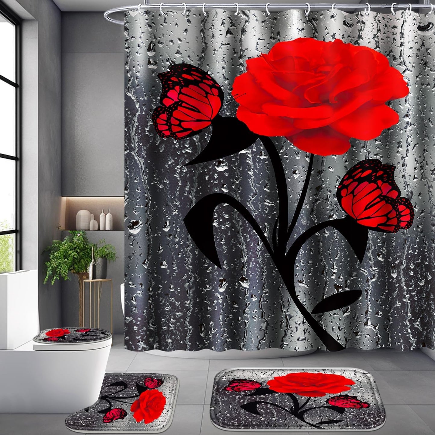 Red Rose Bathroom Set with 12 Hooks