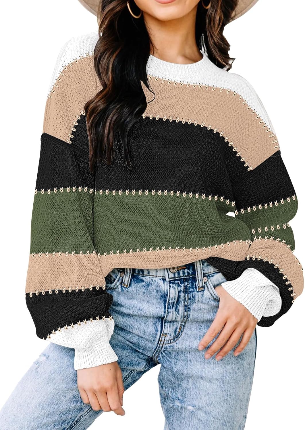 Womens Oversized Color Block Sweater for Trendy Fall Fashion
