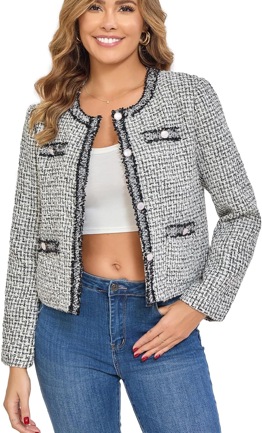 Women's Tweed Blazers Lightweight Cropped Long Sleeve Jacket