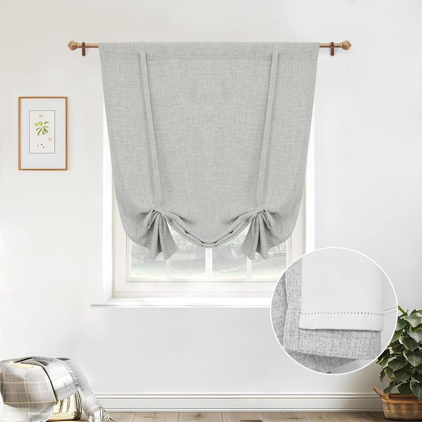 Linen Blackout Tie Up Curtains for Small Windows 39in x 55in