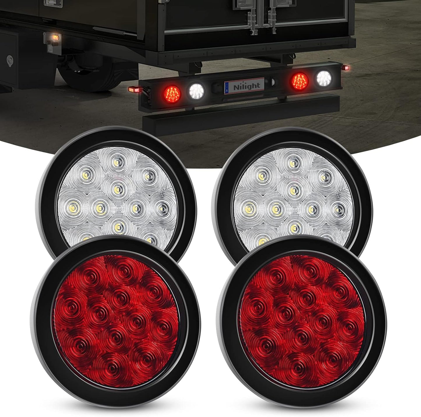Nilight 4in 12LED Round Reverse Brake Turn Tail Lights for Trucks