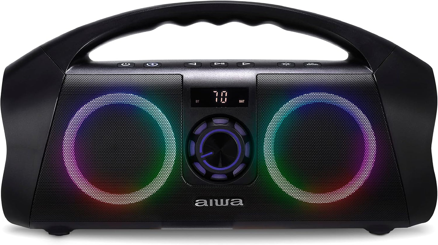 AIWA Portable Boombox: Waterproof, Rechargeable, Colorful LED Lights!