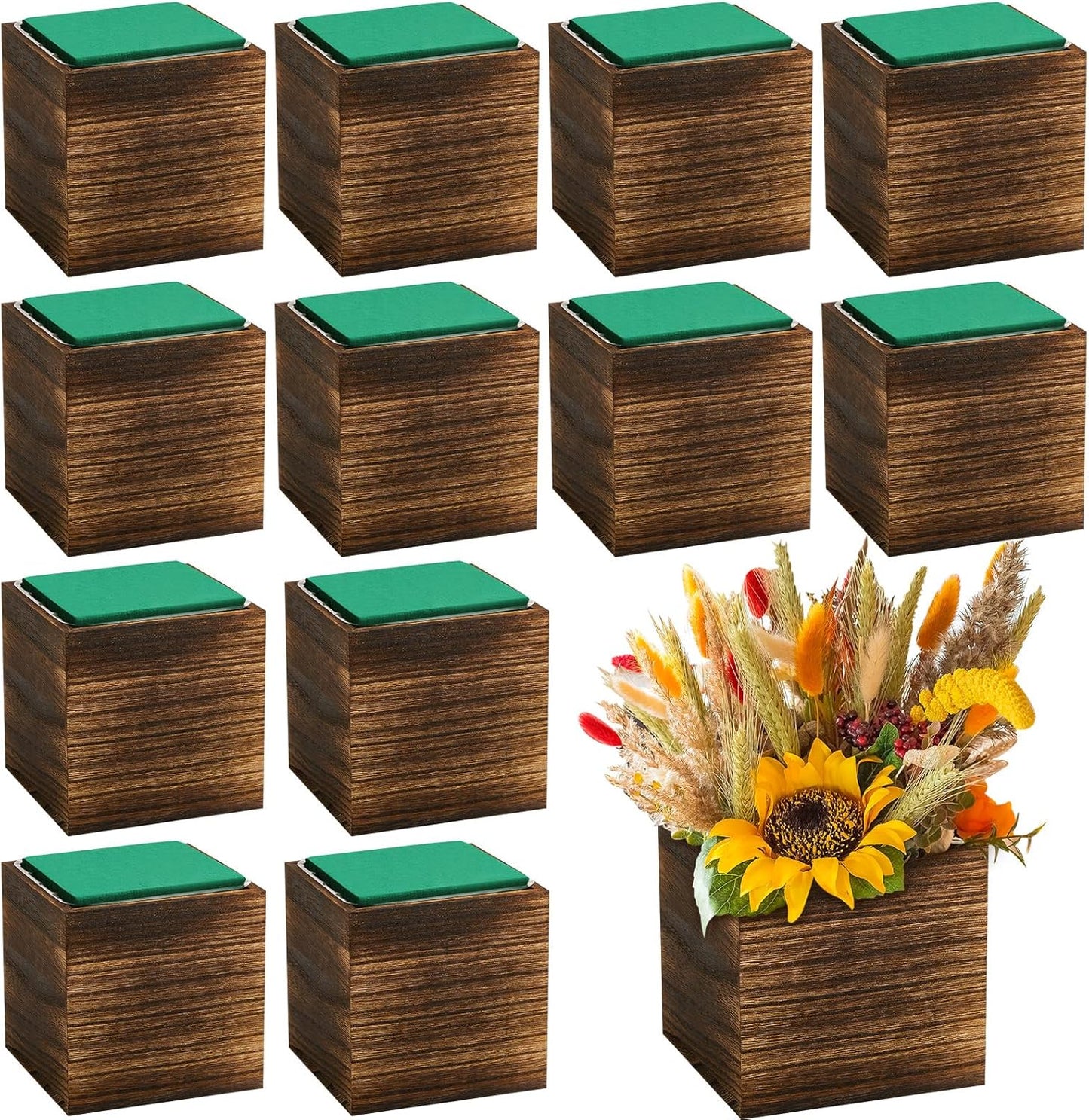 Dandat 12 Set Wood Cube Planter Box for Rustic Home Decor