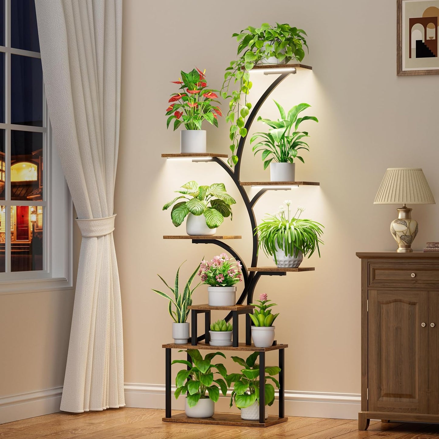 Elegant 8-Tiered Indoor Plant Stand with Grow Light for Display