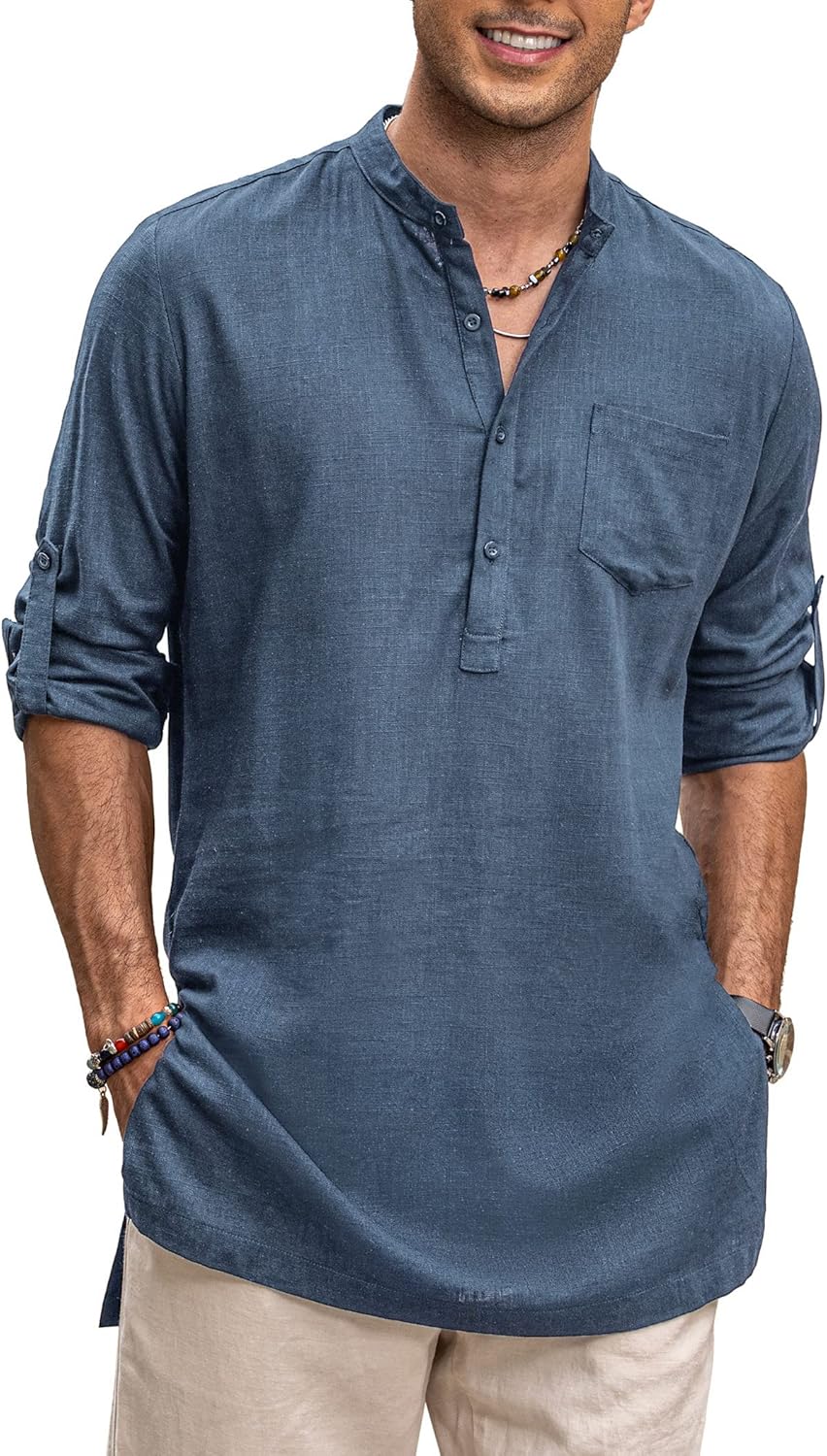 COOFANDY Men's Linen Henley Shirt for Casual Summer Style