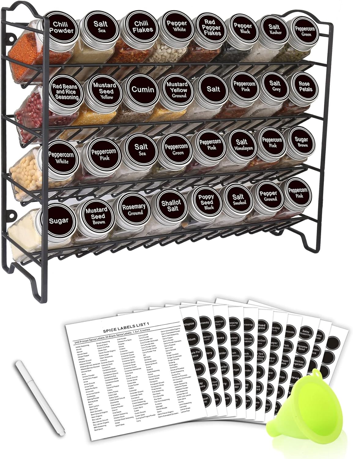 SWOMMOLY Spice Rack Organizer with 32 Glass Jars and Labels