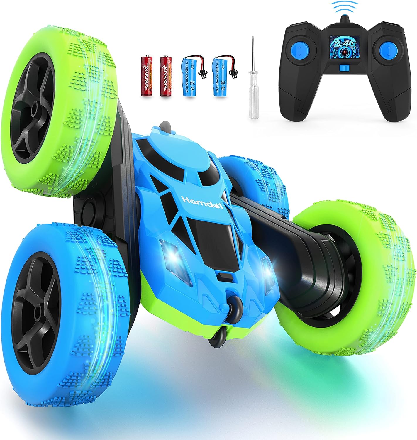 360 Rotating Double-Sided RC Car for Kids! 4WD Stunt Toy - Blue/Green