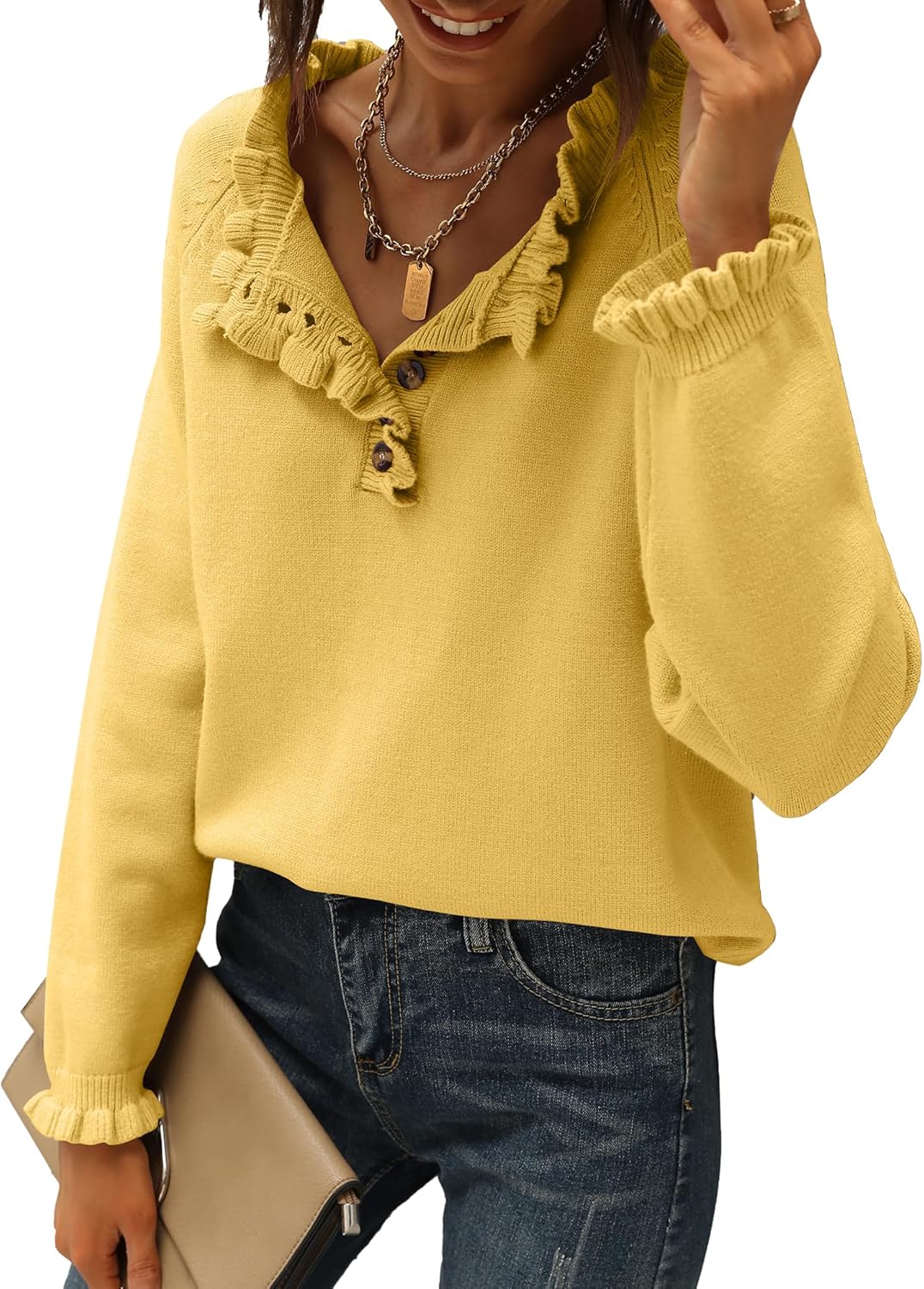 BTFBM Womens Sweaters Long Sleeve Ruffle Crew Neck Pullover