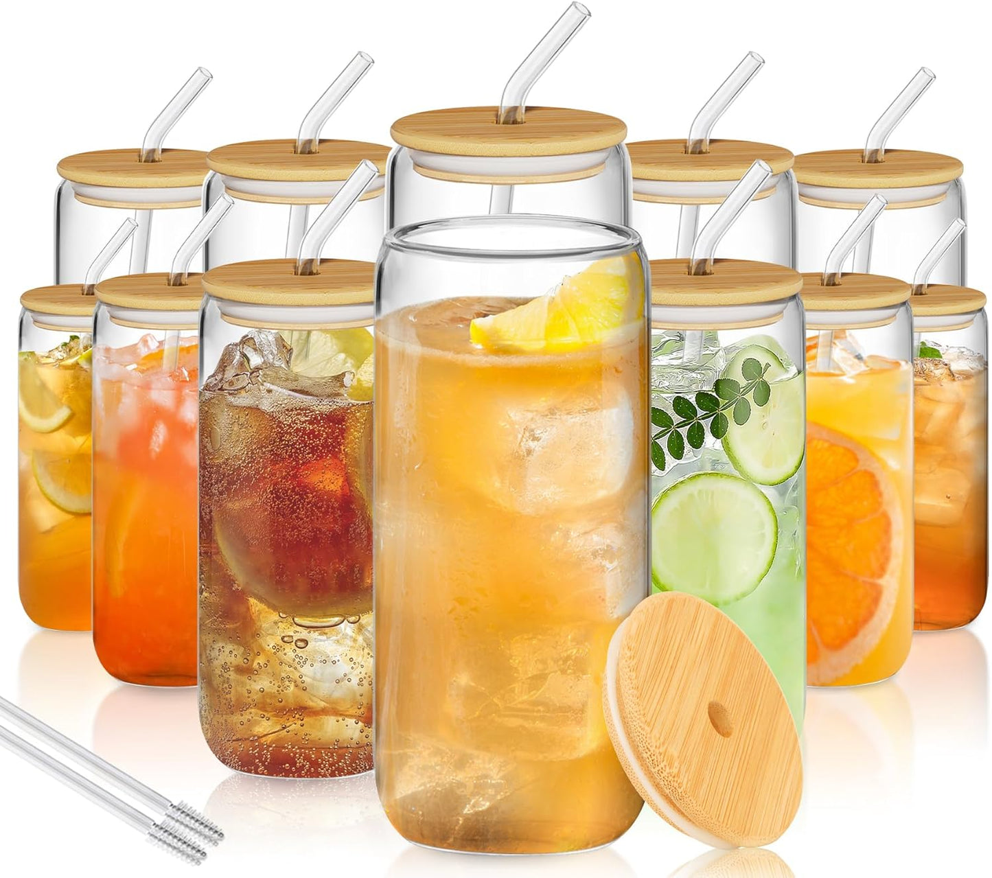 20 Oz Glass Cups Set with Bamboo Lids and Straws for Drinks