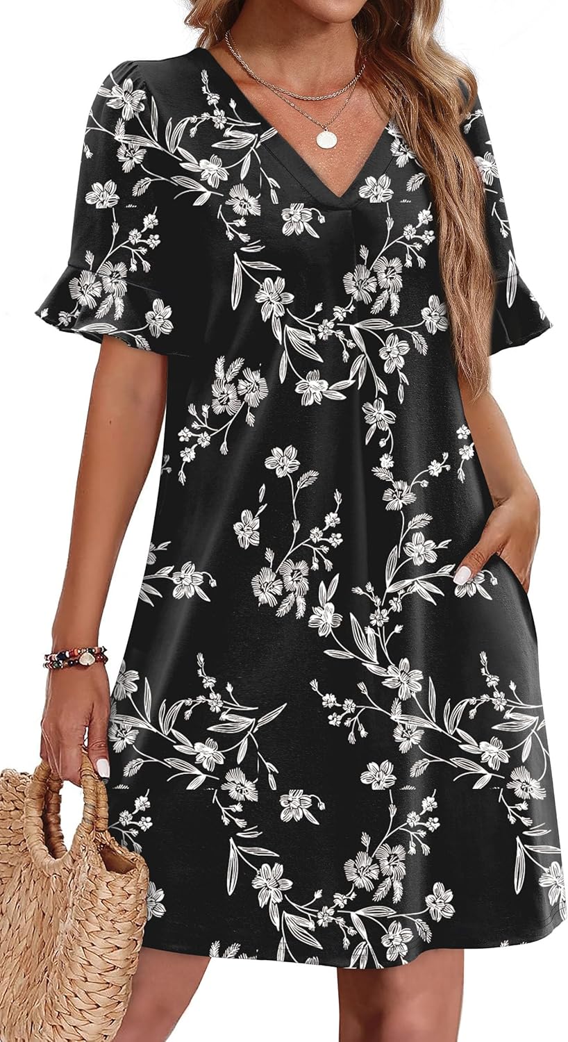 OFEEFAN Summer Dresses for Women with Ruffle Short Sleeves