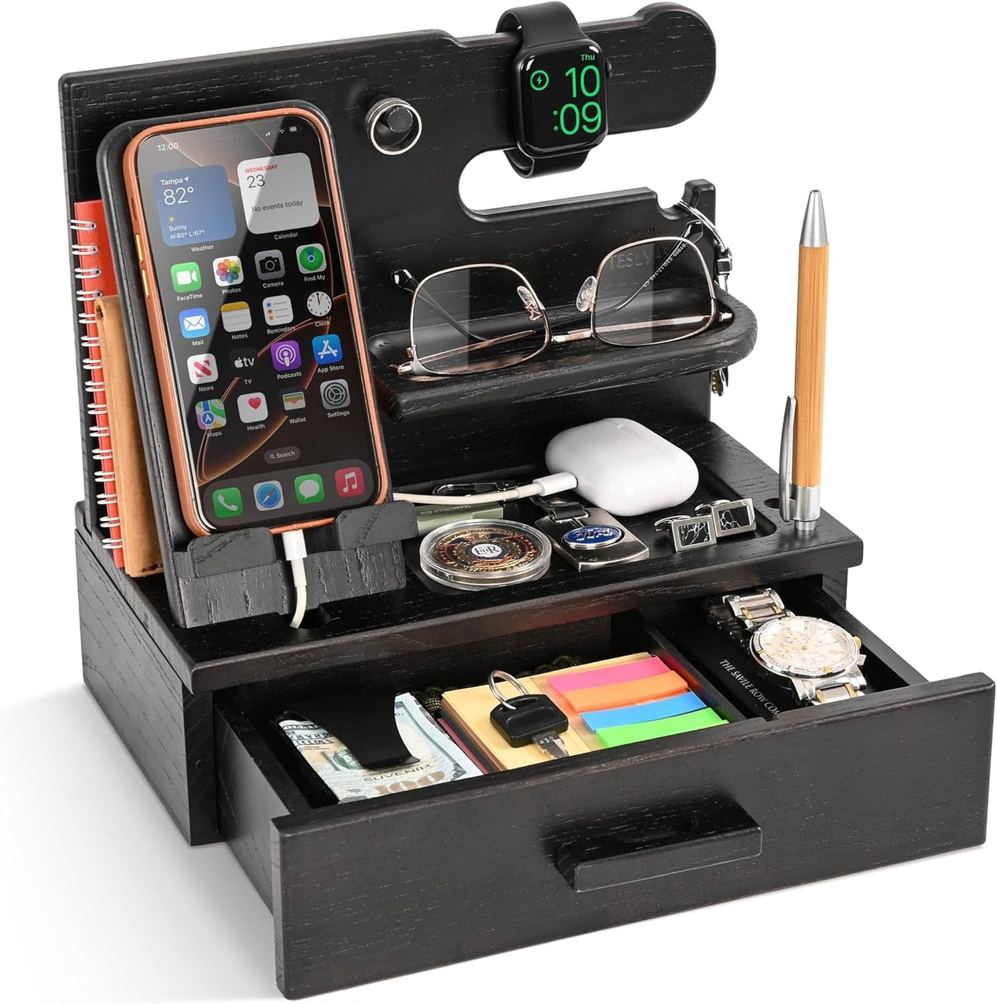 TESLYAR Wood Phone Docking Station - Multifunctional Organizer