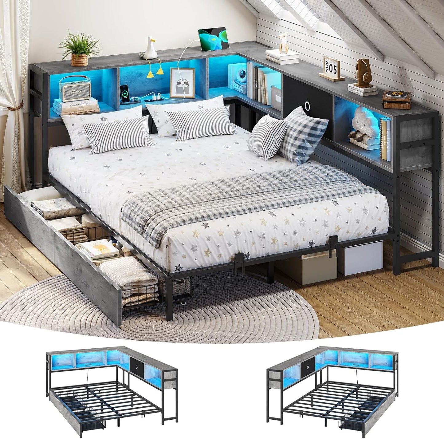 DICTAC Corner Full Bed Frame with LED Lights and Storage Drawers