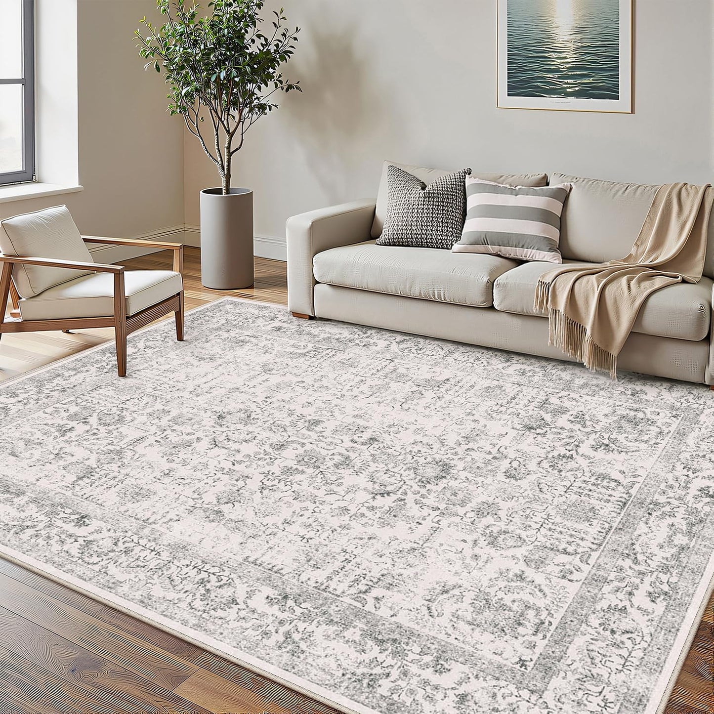 Gray Area Rug 5x8 Machine Washable Vintage Style for Home