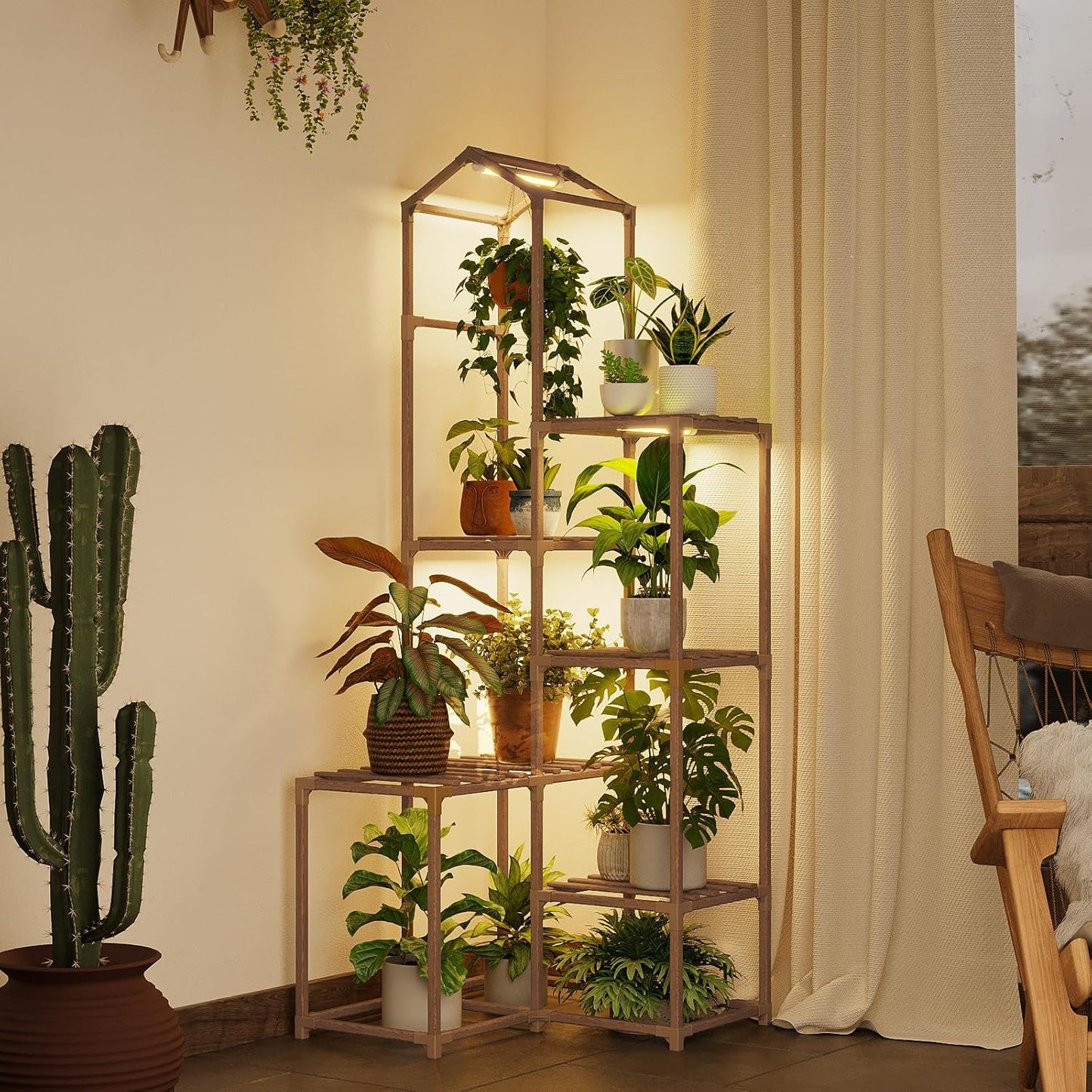 Bamworld Tall Corner Plant Stands with Grow Lights for Indoor Use